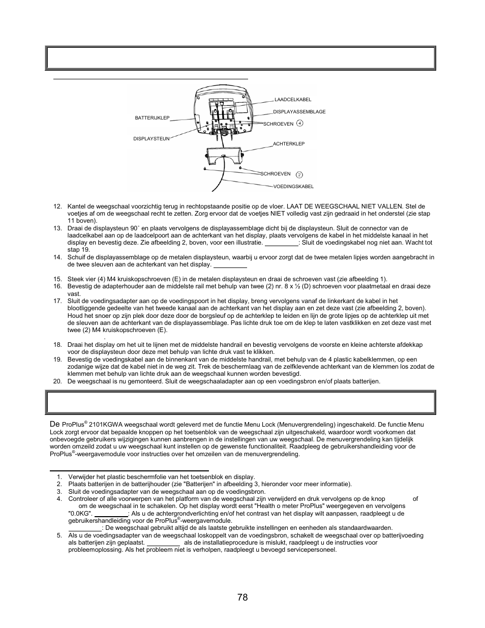 Installatie/batterijen, Montage-instructies (vervolg), Instelling | Welch Allyn PROPLUS 2101KGWA Health-o-Meter Professional Scales - User Manual User Manual | Page 79 / 158