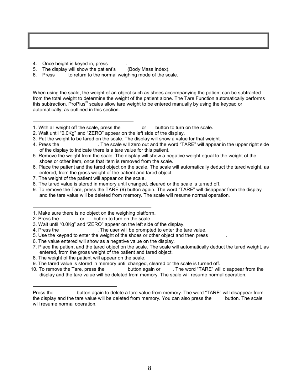 Quick start instructions (continued), Calculating bmi (continued), Tare function | Automatic (push button tare), Manual (keyboard or keypad tare), Removing the tare value | Welch Allyn PROPLUS 2101KGWA Health-o-Meter Professional Scales - User Manual User Manual | Page 9 / 158