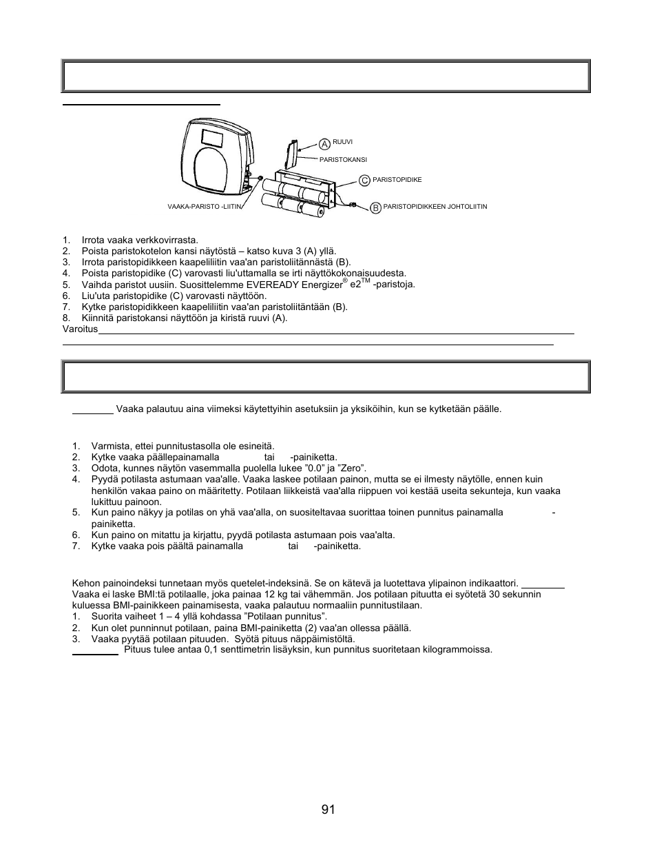 Käyttöönotto/paristot, Pika-aloitusohjeet | Welch Allyn PROPLUS 2101KGWA Health-o-Meter Professional Scales - User Manual User Manual | Page 92 / 158