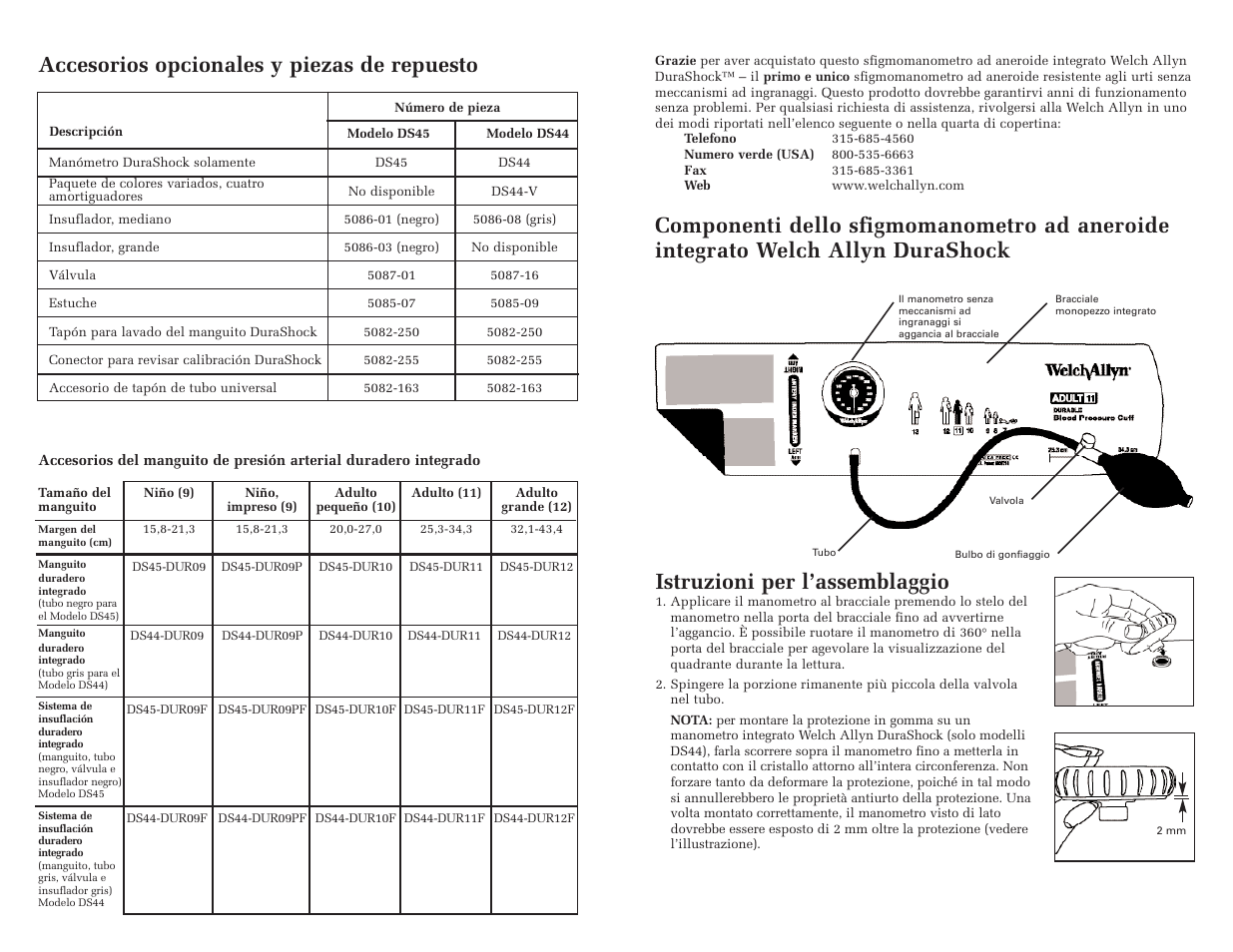 Accesorios opcionales y piezas de repuesto, Istruzioni per l’assemblaggio | Welch Allyn DuraShock Integrated Aneroid Sphygmomanometer - User Manual User Manual | Page 12 / 25