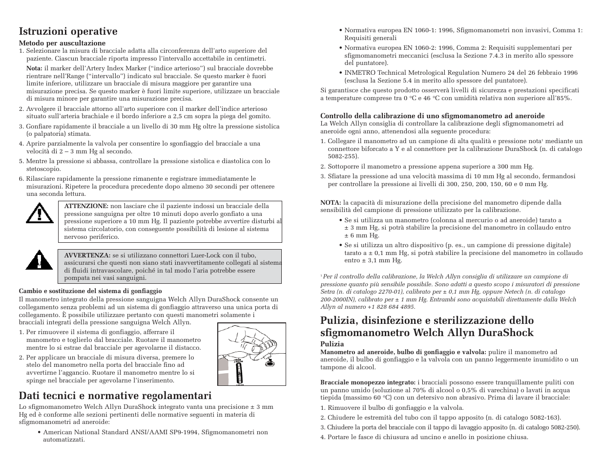 Istruzioni operative, Dati tecnici e normative regolamentari | Welch Allyn DuraShock Integrated Aneroid Sphygmomanometer - User Manual User Manual | Page 13 / 25