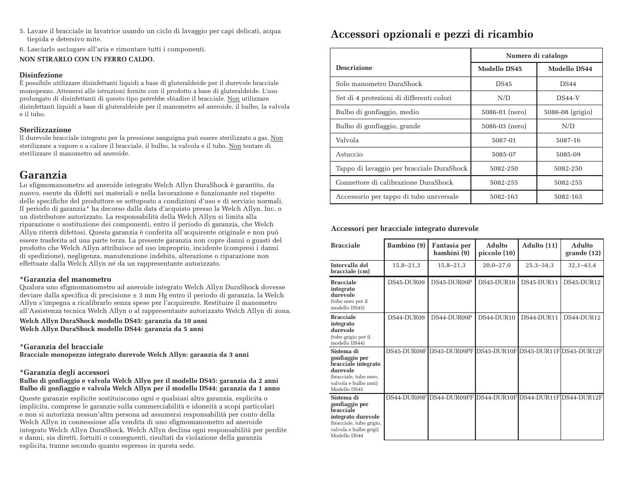 Garanzia, Accessori opzionali e pezzi di ricambio | Welch Allyn DuraShock Integrated Aneroid Sphygmomanometer - User Manual User Manual | Page 14 / 25