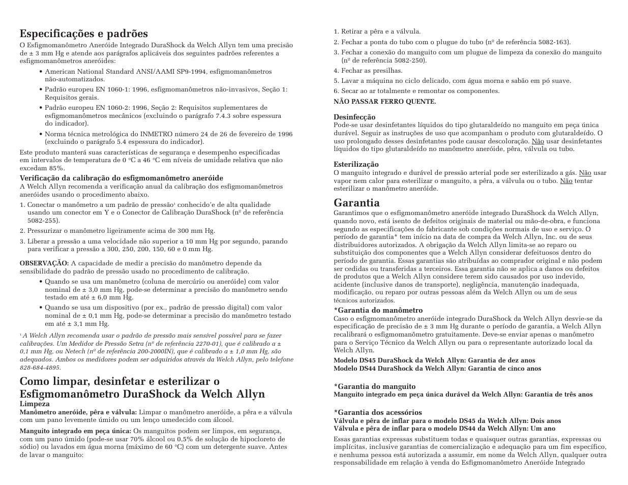 Especificações e padrões, Garantia | Welch Allyn DuraShock Integrated Aneroid Sphygmomanometer - User Manual User Manual | Page 16 / 25