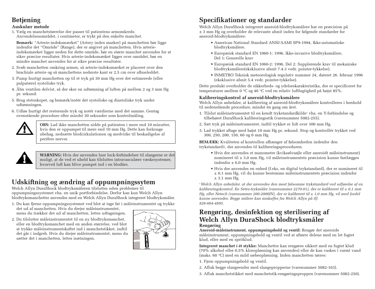 Betjening, Udskiftning og ændring af oppumpningssytem, Specifikationer og standarder | Welch Allyn DuraShock Integrated Aneroid Sphygmomanometer - User Manual User Manual | Page 18 / 25