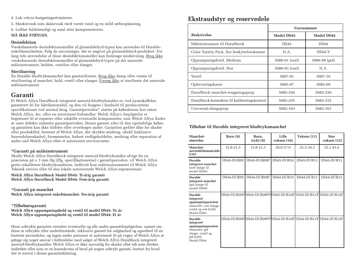 Garanti, Ekstraudstyr og reservedele | Welch Allyn DuraShock Integrated Aneroid Sphygmomanometer - User Manual User Manual | Page 19 / 25
