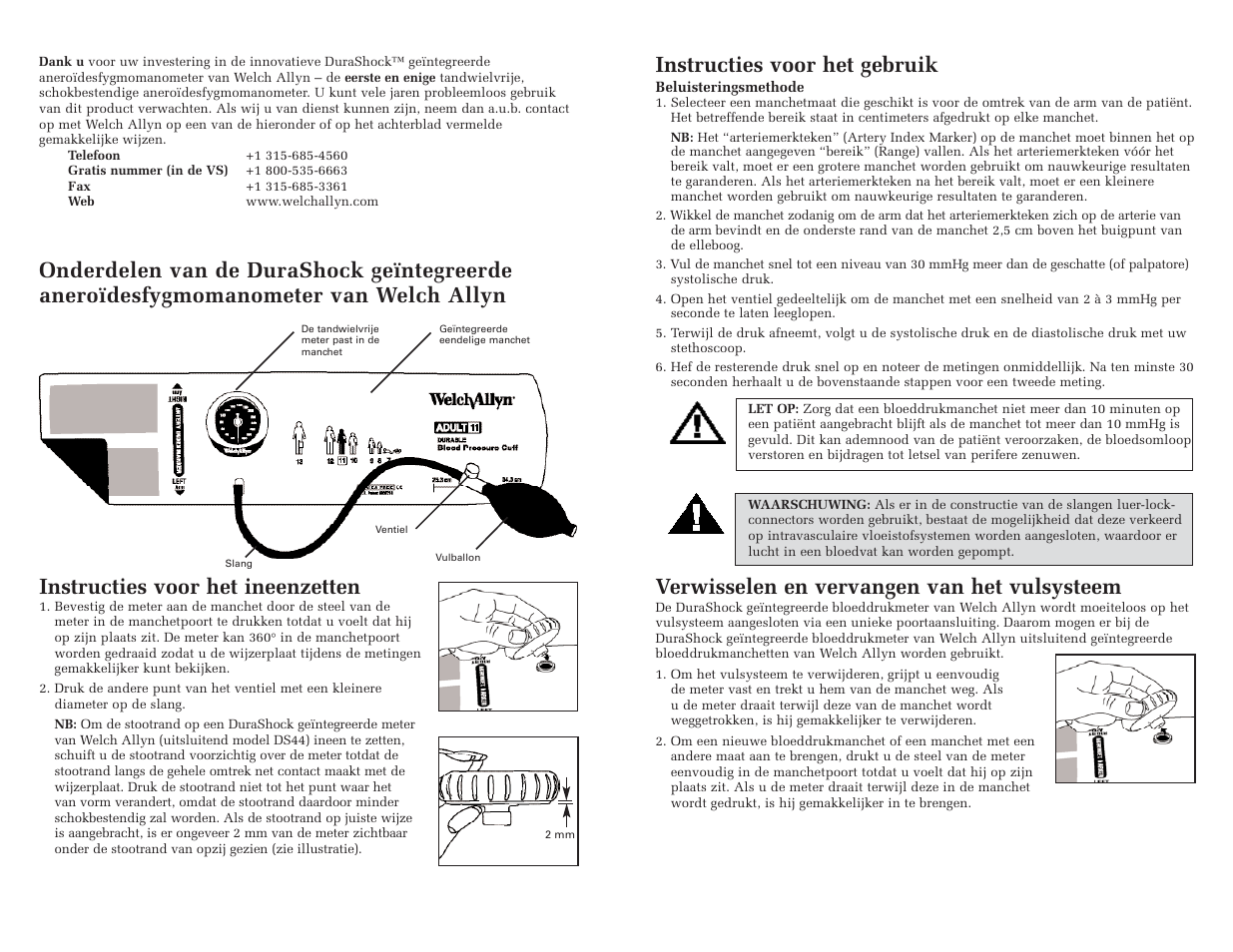 Instructies voor het ineenzetten, Verwisselen en vervangen van het vulsysteem | Welch Allyn DuraShock Integrated Aneroid Sphygmomanometer - User Manual User Manual | Page 20 / 25