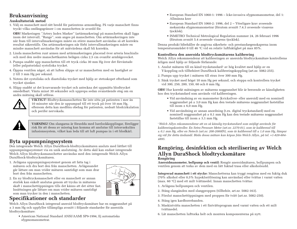 Bruksanvisning, Byta uppumpningssystem, Specifikationer och standarder | Welch Allyn DuraShock Integrated Aneroid Sphygmomanometer - User Manual User Manual | Page 23 / 25
