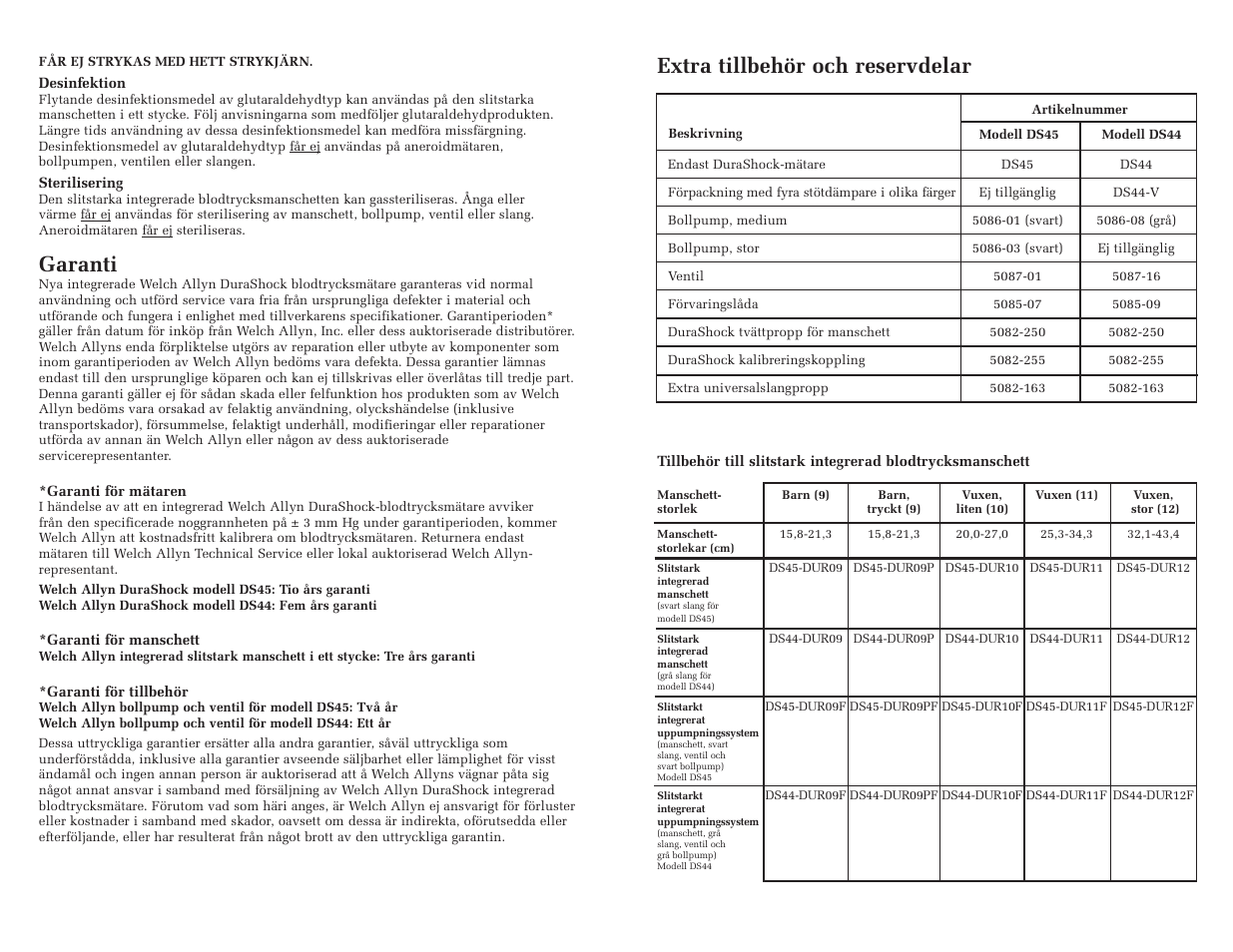Garanti, Extra tillbehör och reservdelar | Welch Allyn DuraShock Integrated Aneroid Sphygmomanometer - User Manual User Manual | Page 24 / 25