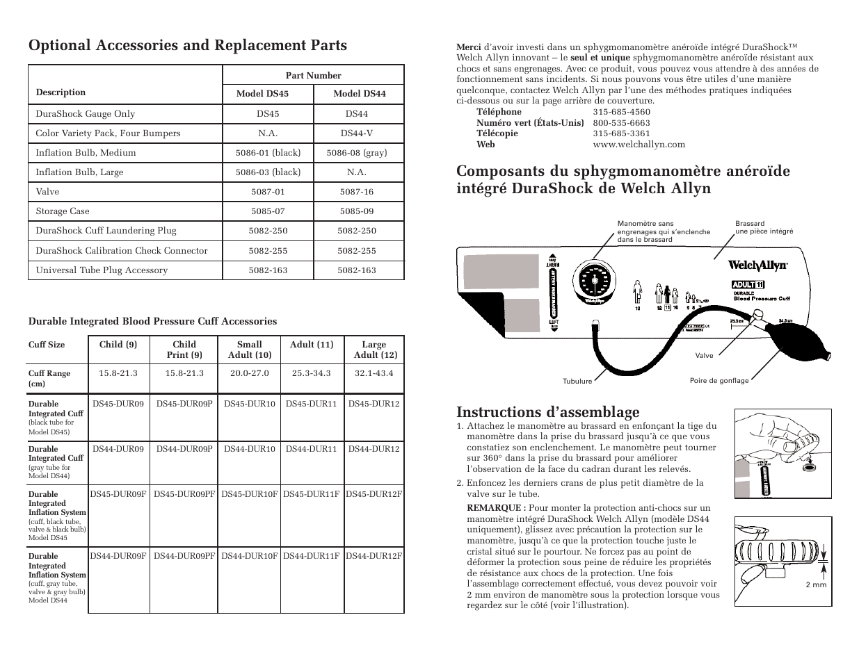 Optional accessories and replacement parts, Instructions d’assemblage | Welch Allyn DuraShock Integrated Aneroid Sphygmomanometer - User Manual User Manual | Page 4 / 25