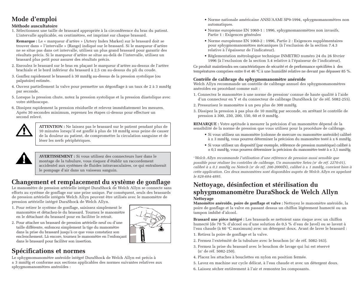 Mode d’emploi, Changement et remplacement du système de gonflage, Spécifications et normes | Welch Allyn DuraShock Integrated Aneroid Sphygmomanometer - User Manual User Manual | Page 5 / 25