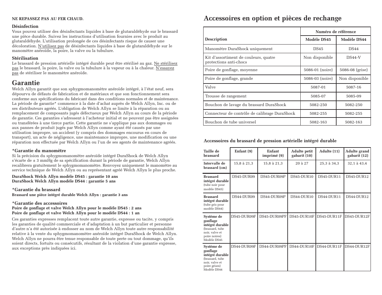 Garantie, Accessoires en option et pièces de rechange | Welch Allyn DuraShock Integrated Aneroid Sphygmomanometer - User Manual User Manual | Page 6 / 25