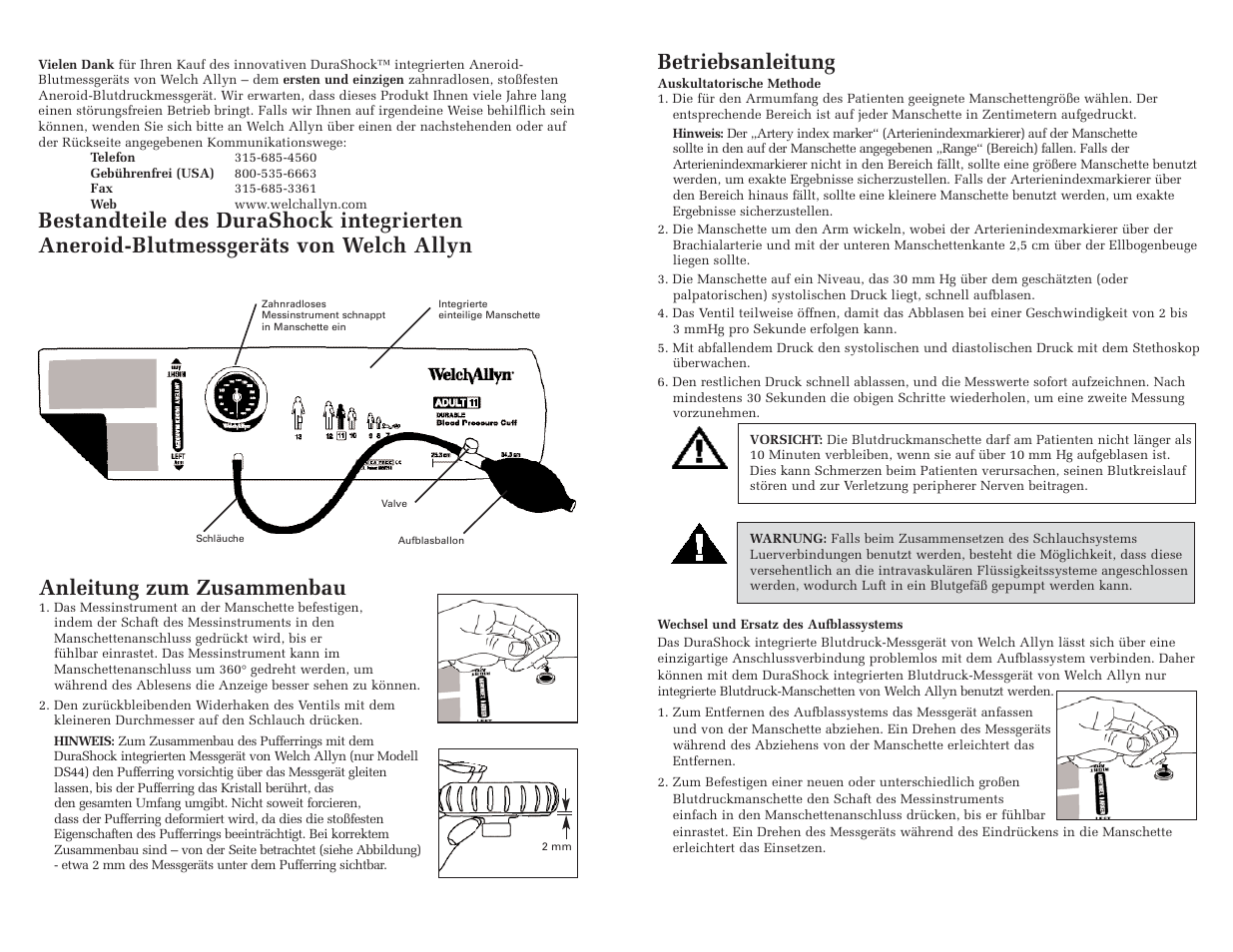 Anleitung zum zusammenbau, Betriebsanleitung | Welch Allyn DuraShock Integrated Aneroid Sphygmomanometer - User Manual User Manual | Page 7 / 25