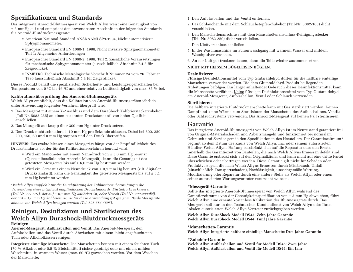 Spezifikationen und standards, Garantie | Welch Allyn DuraShock Integrated Aneroid Sphygmomanometer - User Manual User Manual | Page 8 / 25