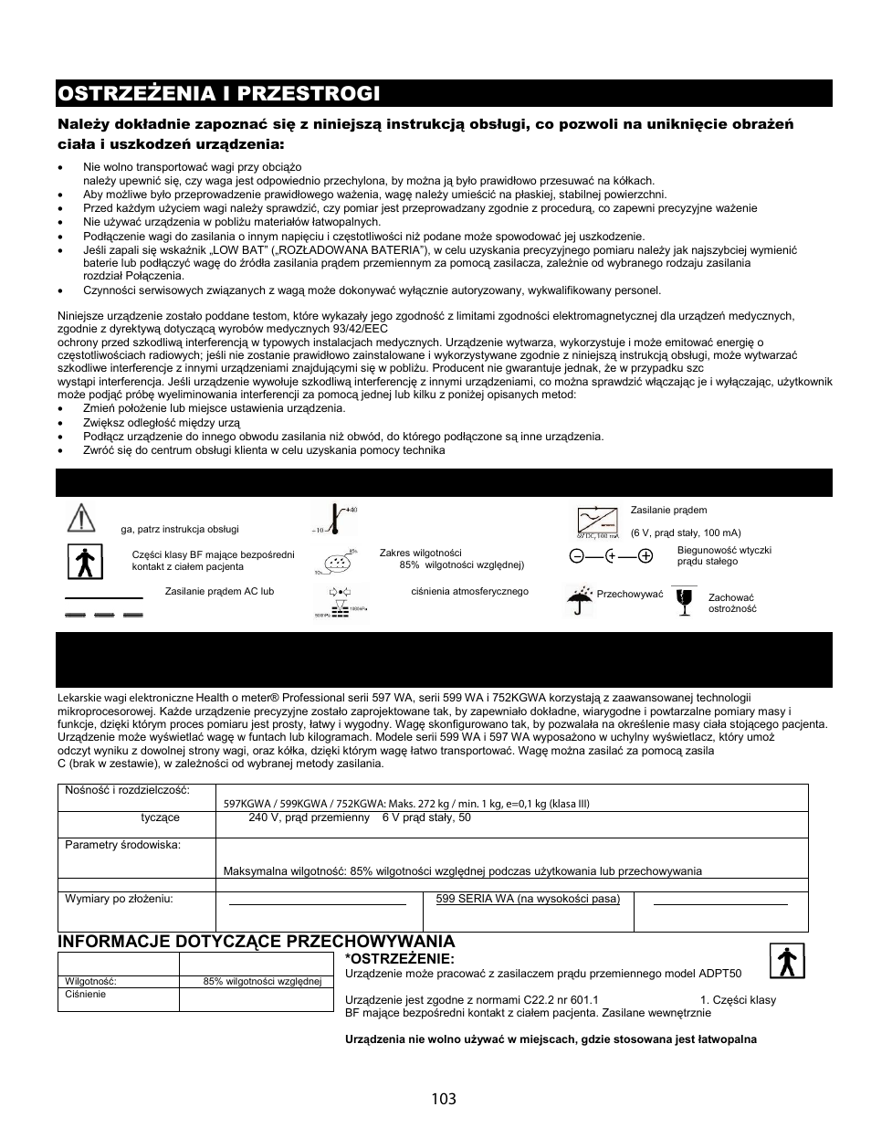 Ostrzeżenia i przestrogi, Symbole i specyfikacje dla tego modelu wagi, Znaczenie symboli | Informacje dotyczące przechowywania | Welch Allyn Health-o-Meter Professional Scales - User Manual User Manual | Page 104 / 132