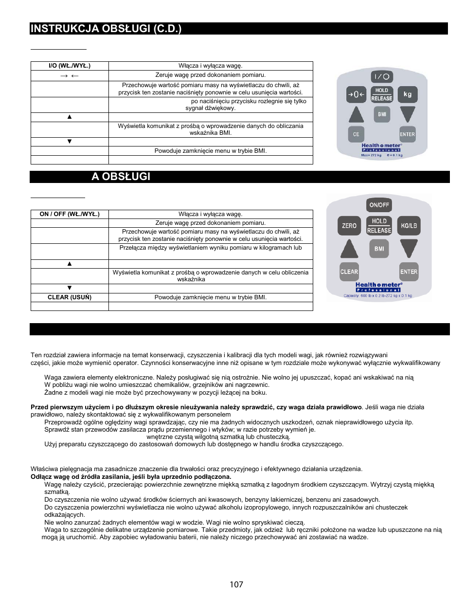 Posługiwanie się wagą, Konserwacja, Instrukcja obsługi (c.d.) | Instrukcj a obsługi, Konserwacja i czyszczenie, Modele kg, Modele kl | Welch Allyn Health-o-Meter Professional Scales - User Manual User Manual | Page 108 / 132