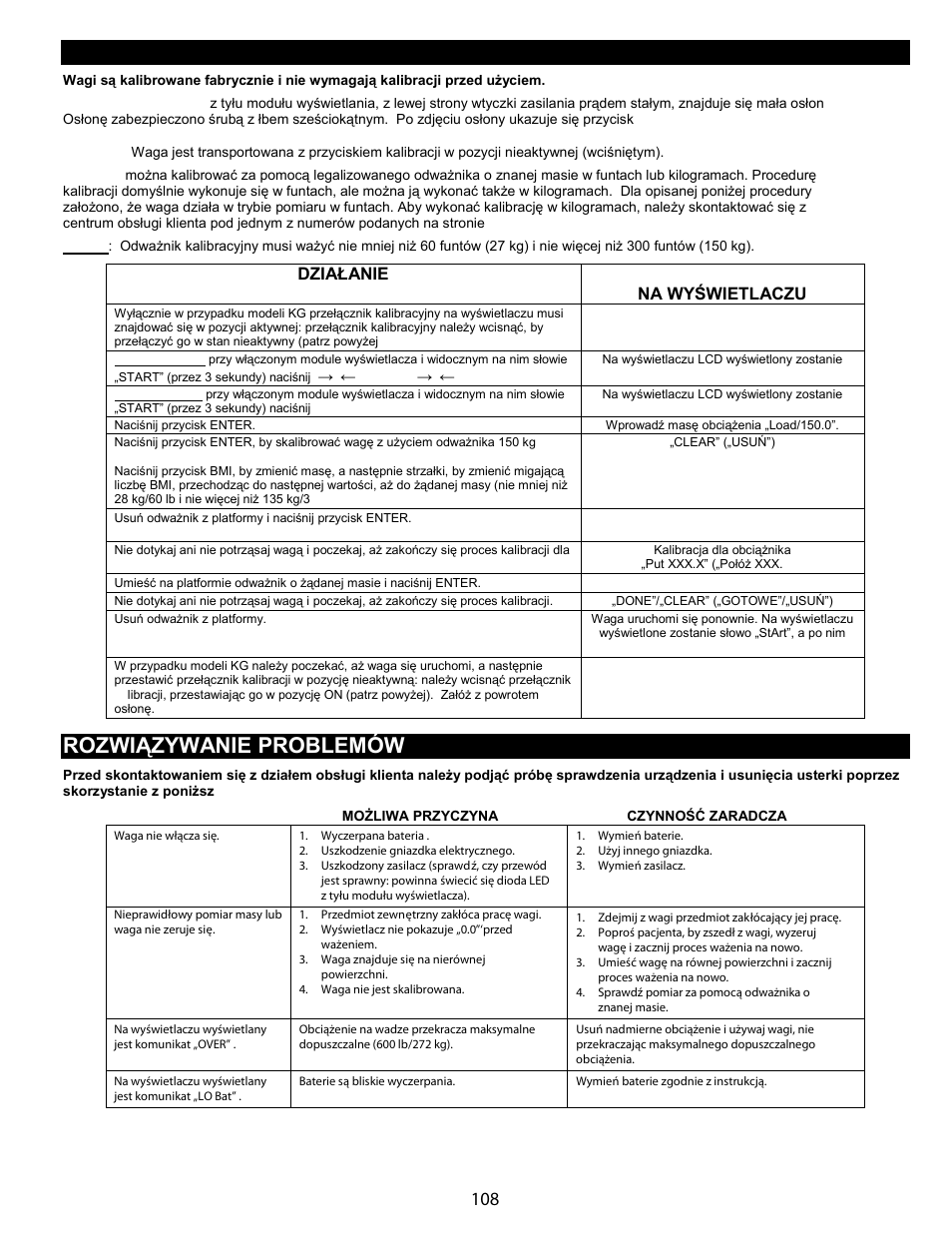 Kalibracja, Rozwiązywanie problemów, Kaliracja | Działanie informacje prezentowane na wyświetlaczu | Welch Allyn Health-o-Meter Professional Scales - User Manual User Manual | Page 109 / 132