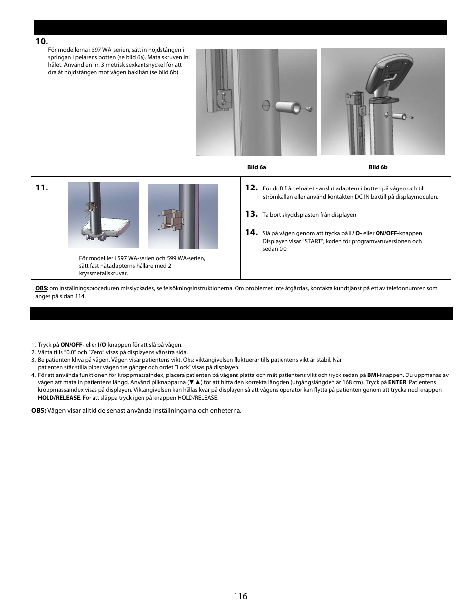 Instruktioner för snabbstart, Montering (fortsättning), Snabbstart / användningsinstruktioner | Welch Allyn Health-o-Meter Professional Scales - User Manual User Manual | Page 117 / 132