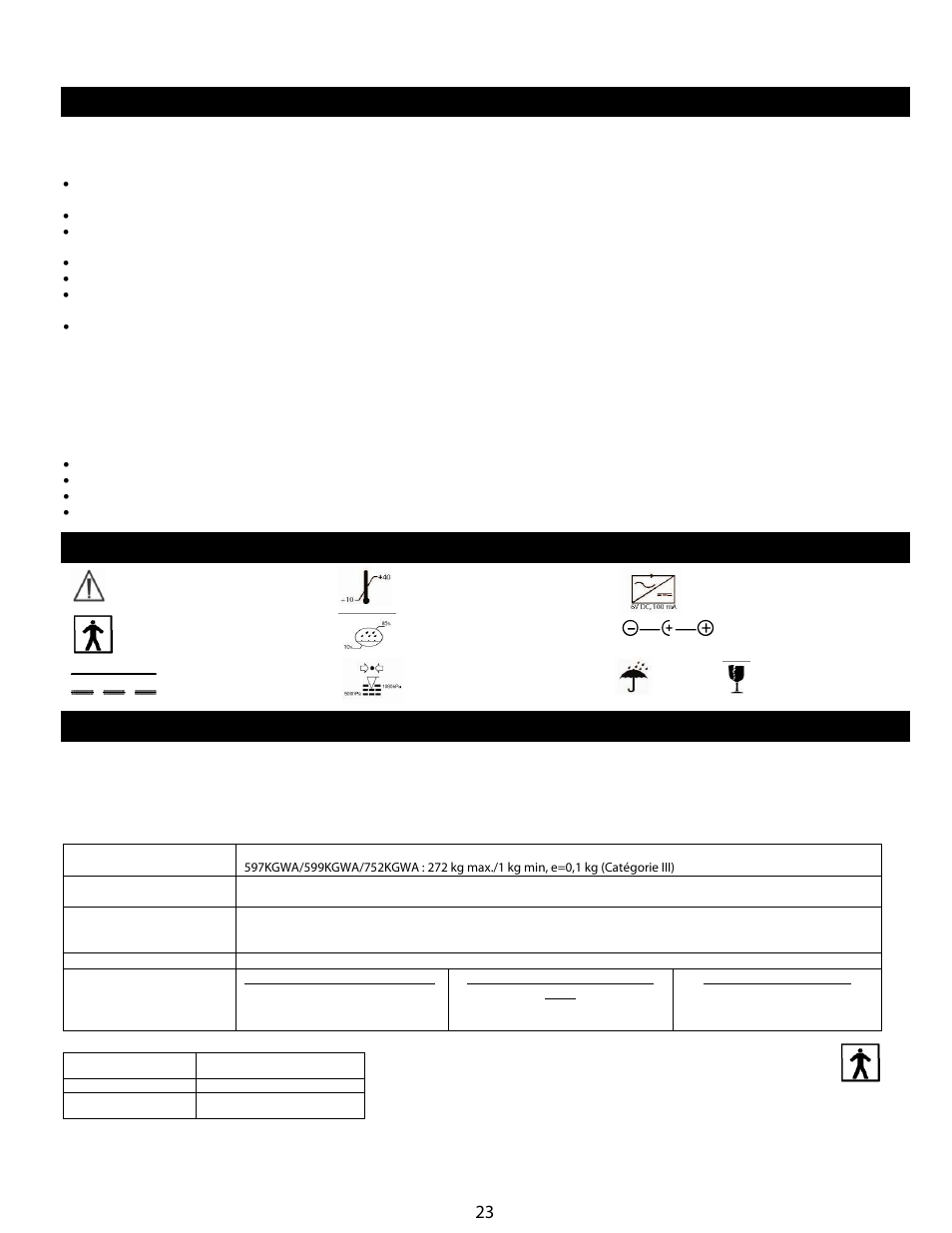 Mises en garde et avertissements, Definition des symboles, Specifications de stockage | Welch Allyn Health-o-Meter Professional Scales - User Manual User Manual | Page 24 / 132