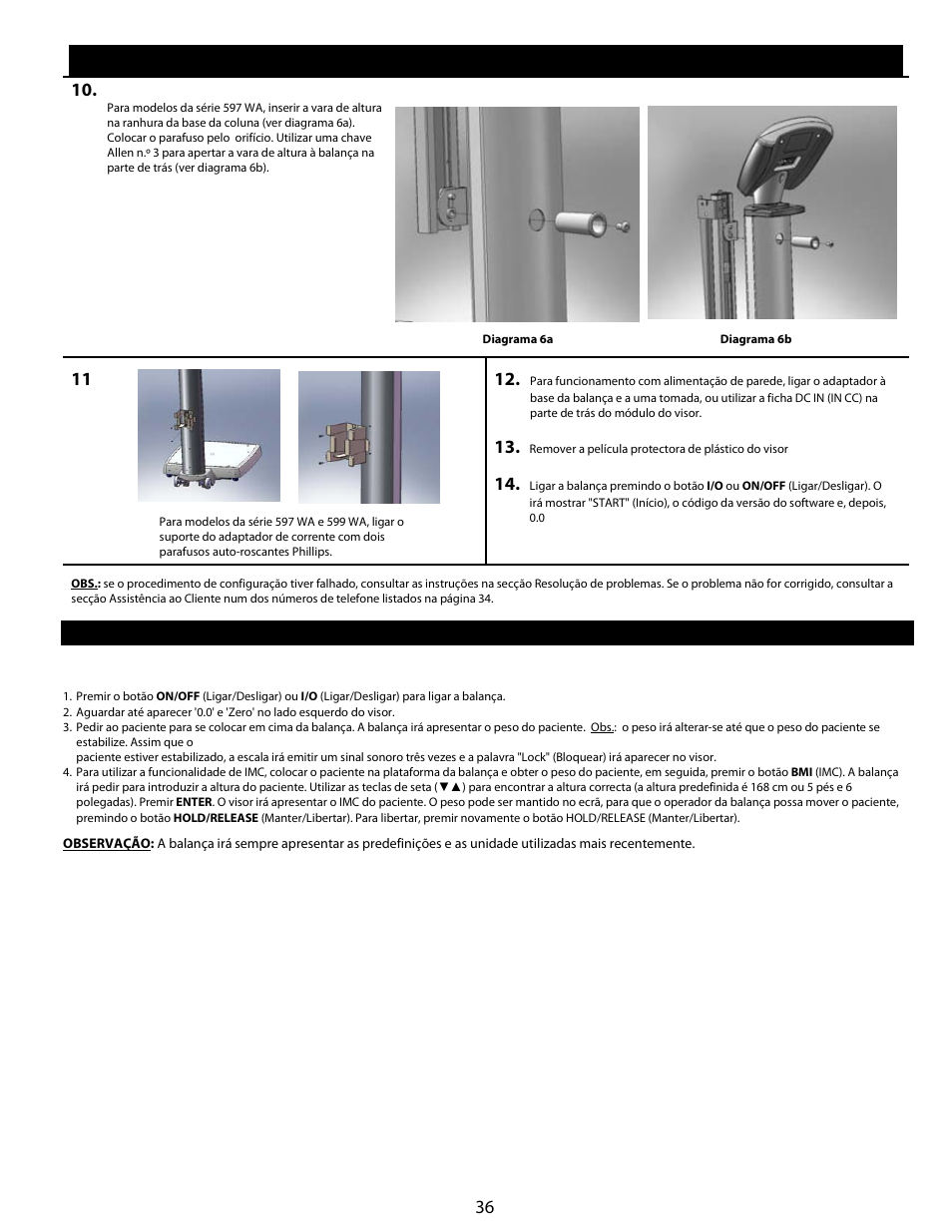 Instruções de início rápido, Configuração (cont.), Início rápido/instruções de funcionamento | Welch Allyn Health-o-Meter Professional Scales - User Manual User Manual | Page 37 / 132