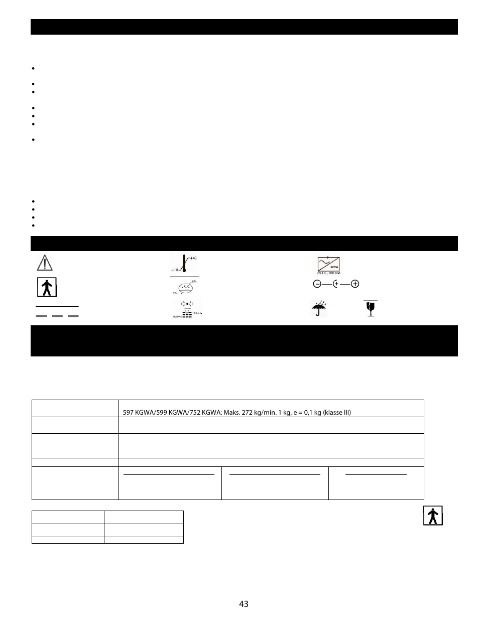 Forholdsregler og advarsler, Definition af symboler, Opbevaringsspecifikationer | Welch Allyn Health-o-Meter Professional Scales - User Manual User Manual | Page 44 / 132