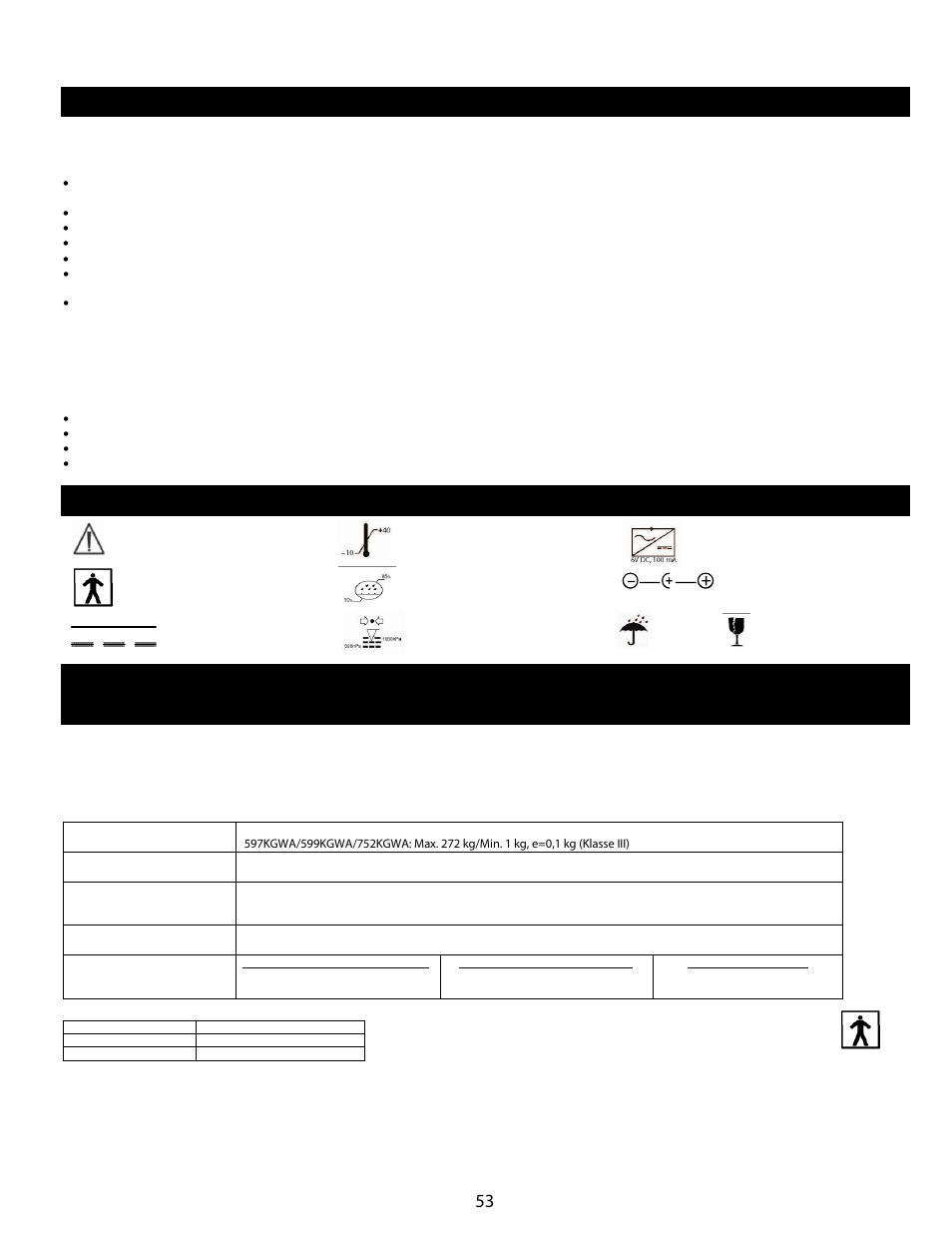 Vorsichtsmassnahmen und warnungen, Symbole und technische daten der waage, Definition der symbole | Technische daten lagerung | Welch Allyn Health-o-Meter Professional Scales - User Manual User Manual | Page 54 / 132
