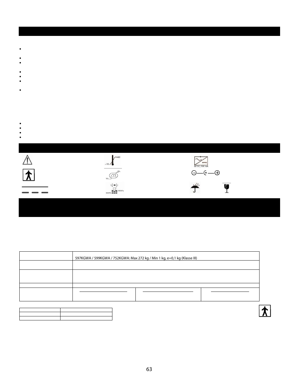 Opmerkingen en waarschuwingen, Symbolen en specificaties voor deze weegschaal, Definitie van symbolen | Opslagspecificaties | Welch Allyn Health-o-Meter Professional Scales - User Manual User Manual | Page 64 / 132