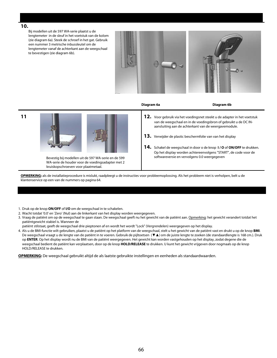 Snel aan de slag, Installatie (vervolg), Snel aan de slag / bedieningsinstructies | Welch Allyn Health-o-Meter Professional Scales - User Manual User Manual | Page 67 / 132