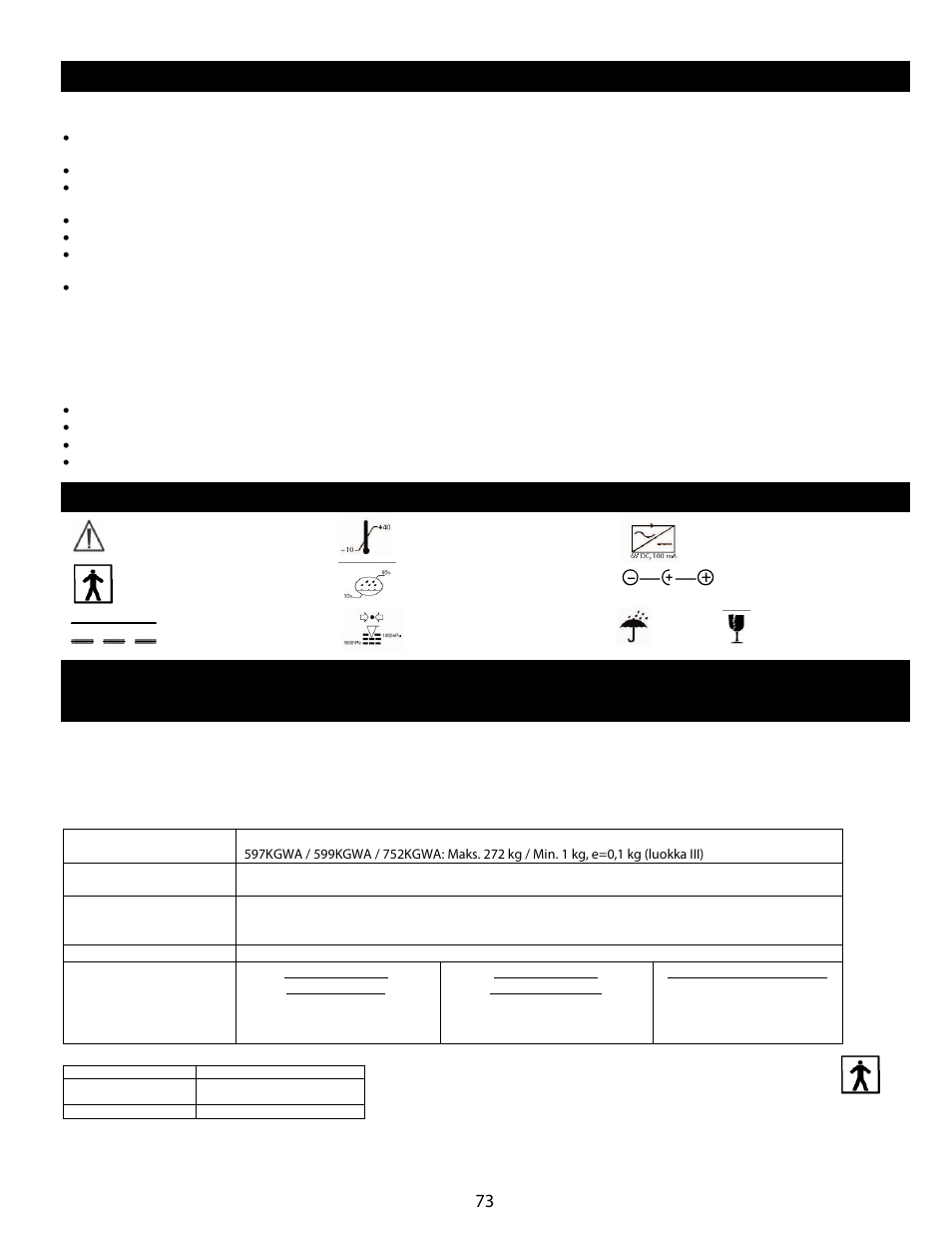 Huomautukset ja varoitukset, Symbolit ja vaa'an tekniset tiedot, Symbolien määritykset | Säilytystiedot | Welch Allyn Health-o-Meter Professional Scales - User Manual User Manual | Page 74 / 132