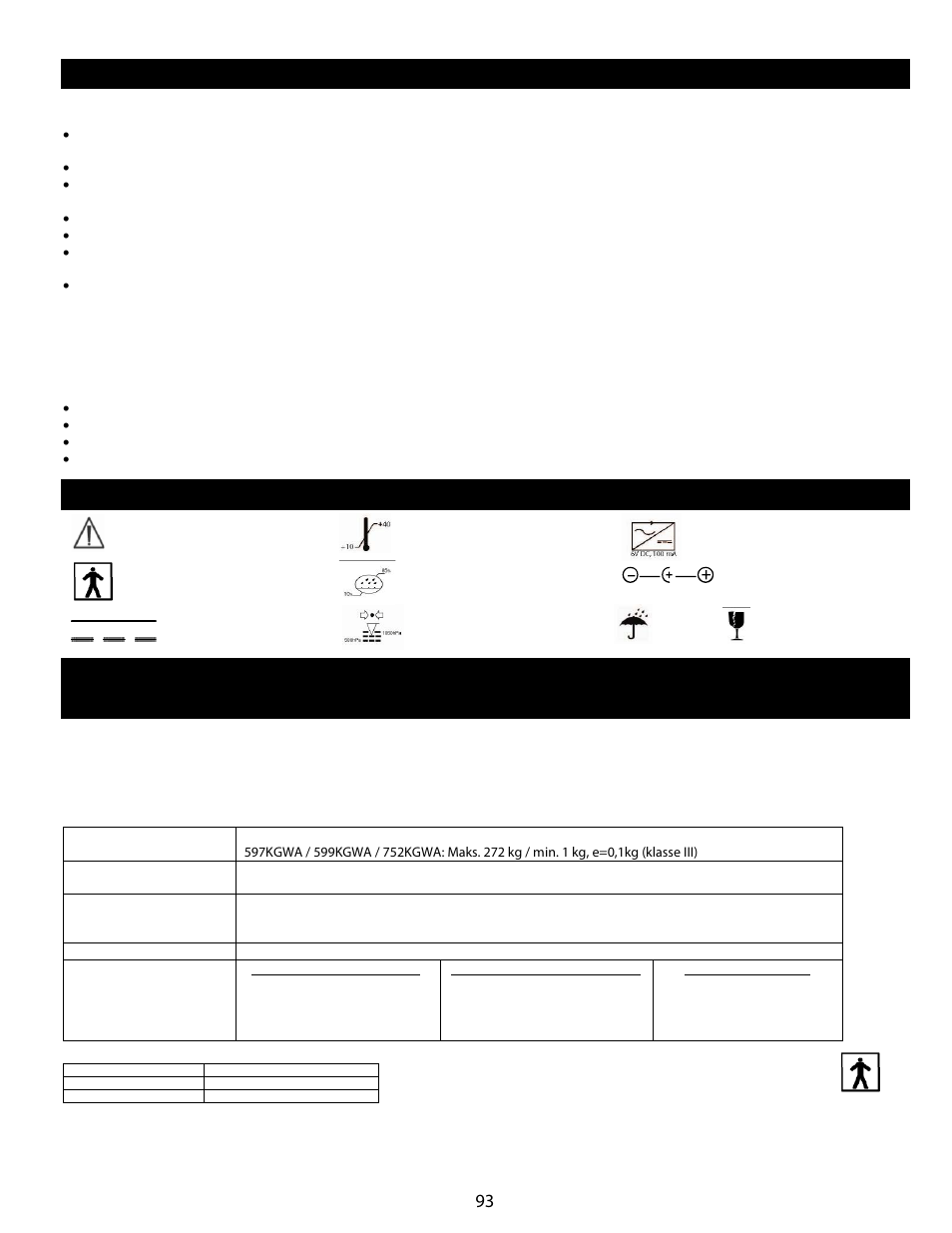 Forsiktighetsregler og advarsler, Definisjon av symboler, Spesifikasjoner for oppbevaring | Welch Allyn Health-o-Meter Professional Scales - User Manual User Manual | Page 94 / 132