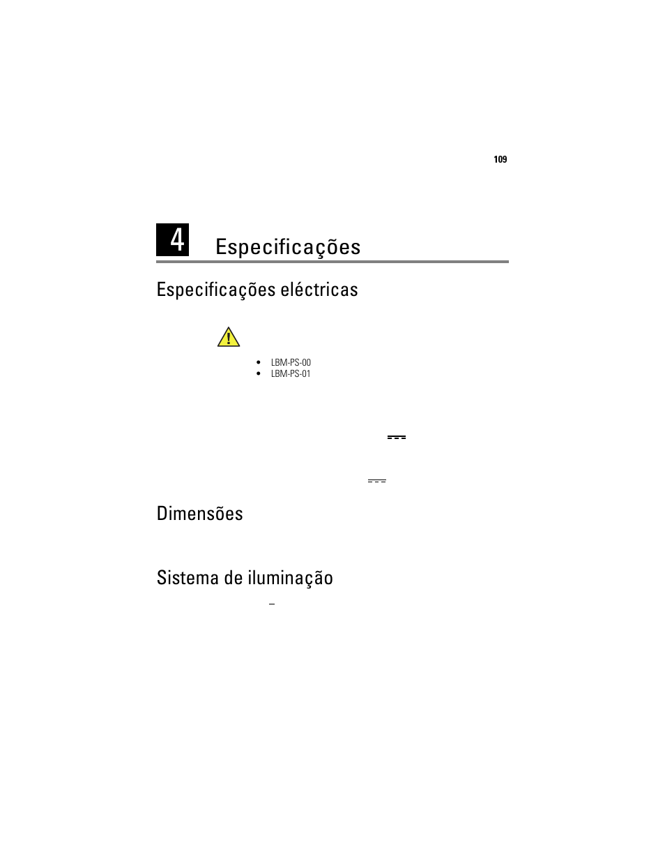 Especificações, Especificações eléctricas, Dimensões | Sistema de iluminação | Welch Allyn Solarc Light Source - User Manual User Manual | Page 111 / 240