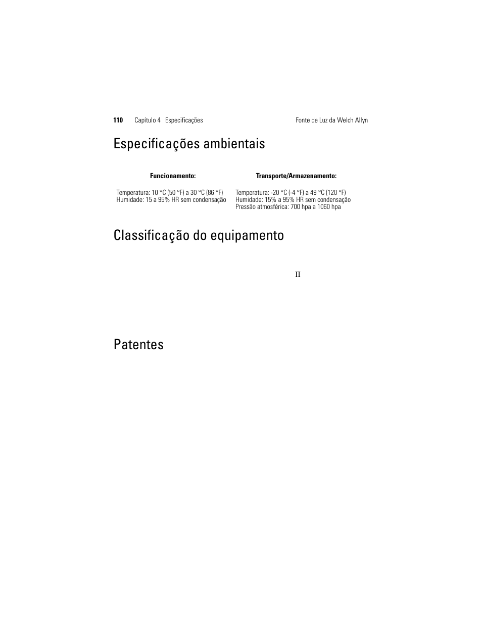 Especificações ambientais, Classificação do equipamento, Patentes | Welch Allyn Solarc Light Source - User Manual User Manual | Page 112 / 240