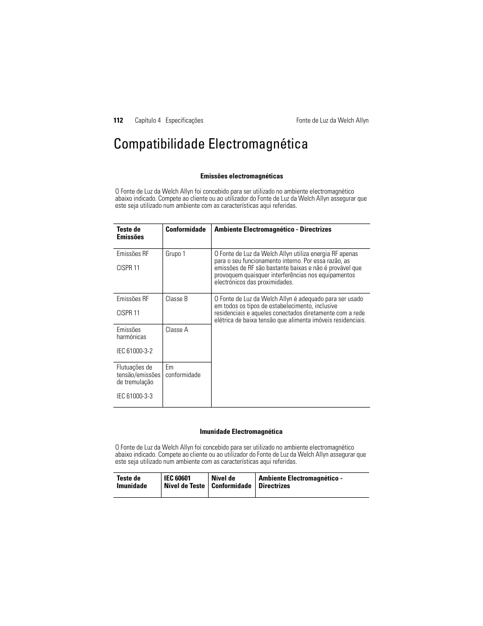 Compatibilidade electromagnética | Welch Allyn Solarc Light Source - User Manual User Manual | Page 114 / 240