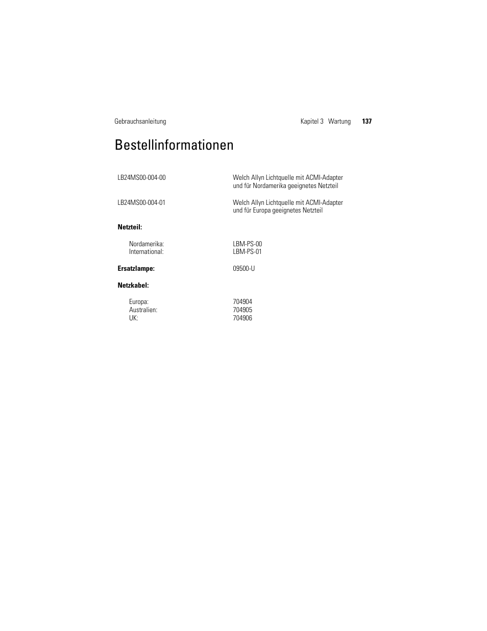 Bestellinformationen | Welch Allyn Solarc Light Source - User Manual User Manual | Page 139 / 240