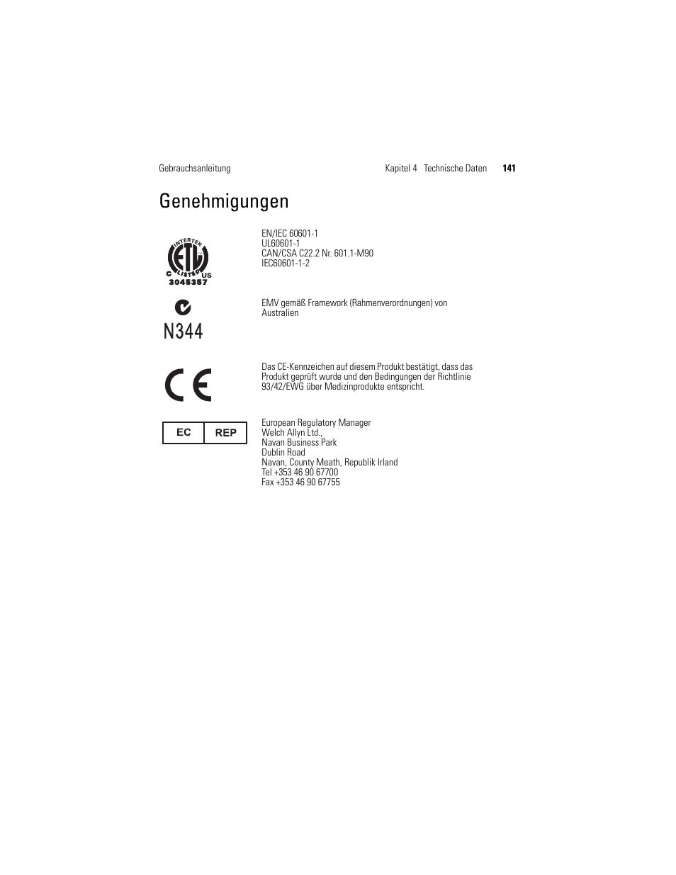 Genehmigungen, Gebrauchsanleitung kapitel 4 technische daten 141 | Welch Allyn Solarc Light Source - User Manual User Manual | Page 143 / 240