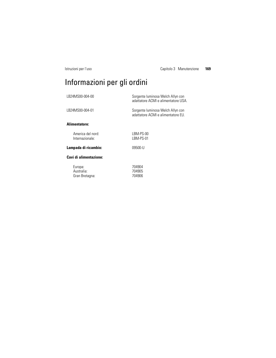 Informazioni per gli ordini | Welch Allyn Solarc Light Source - User Manual User Manual | Page 171 / 240