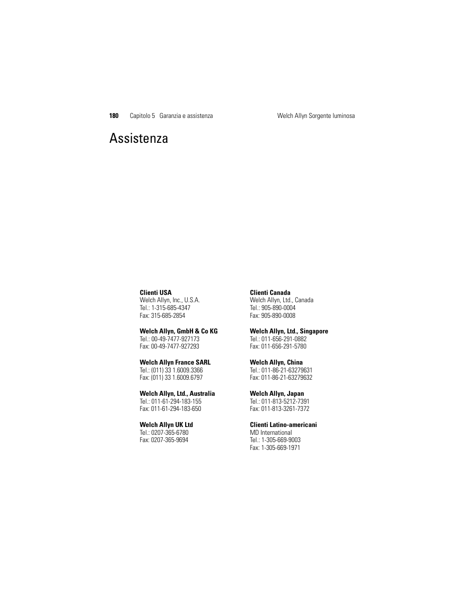 Assistenza | Welch Allyn Solarc Light Source - User Manual User Manual | Page 182 / 240