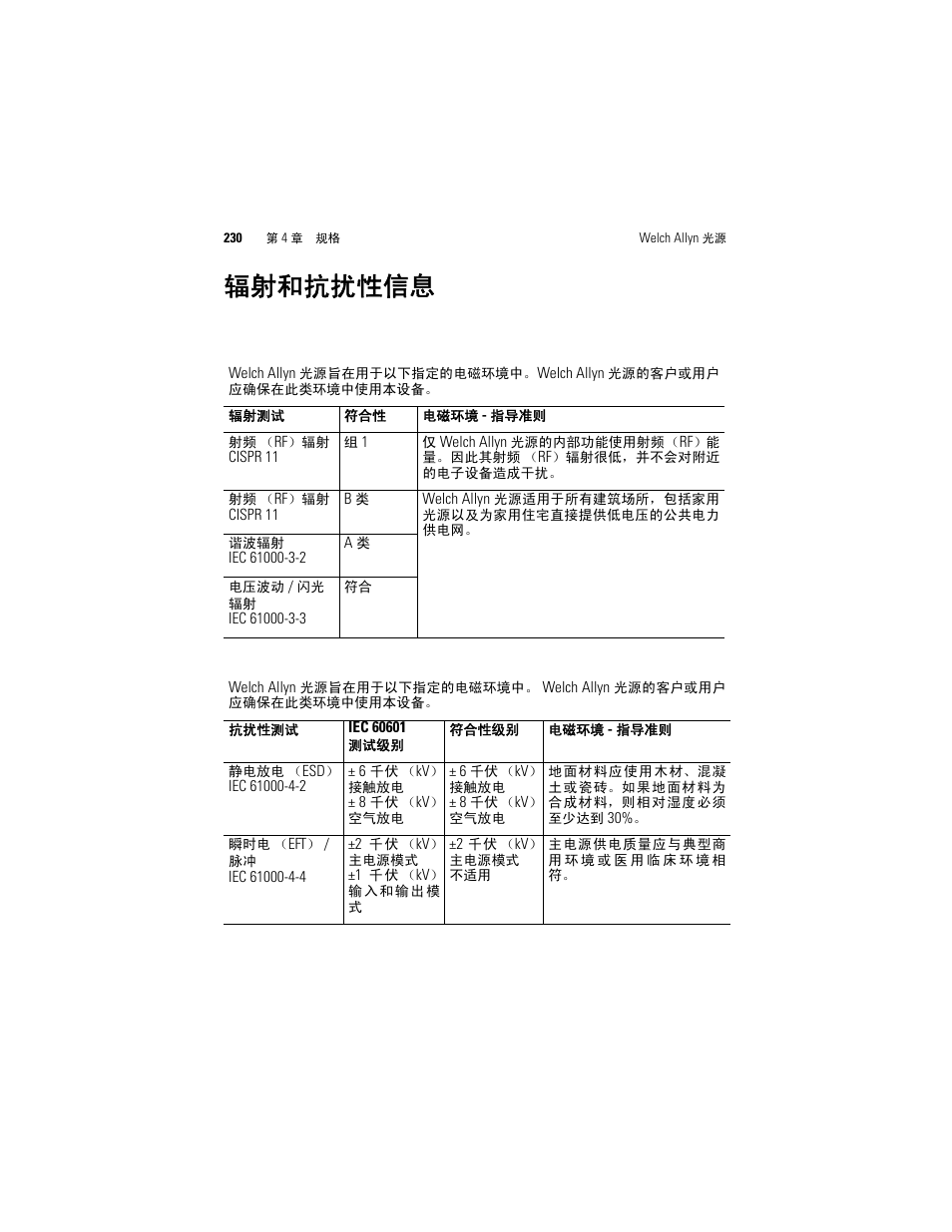 辐射和抗扰性信息 | Welch Allyn Solarc Light Source - User Manual User Manual | Page 232 / 240