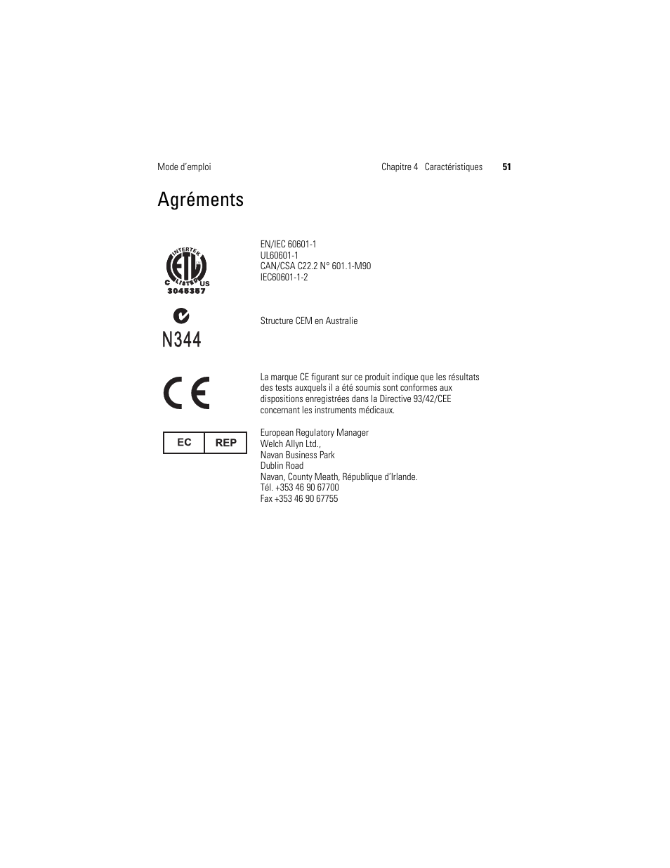 Agréments, Mode d’emploi chapitre 4 caractéristiques 51 | Welch Allyn Solarc Light Source - User Manual User Manual | Page 53 / 240