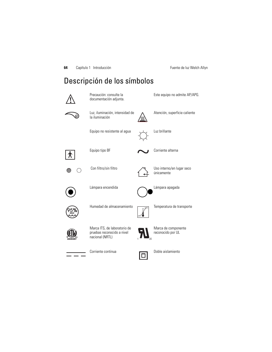 Descripción de los símbolos | Welch Allyn Solarc Light Source - User Manual User Manual | Page 66 / 240