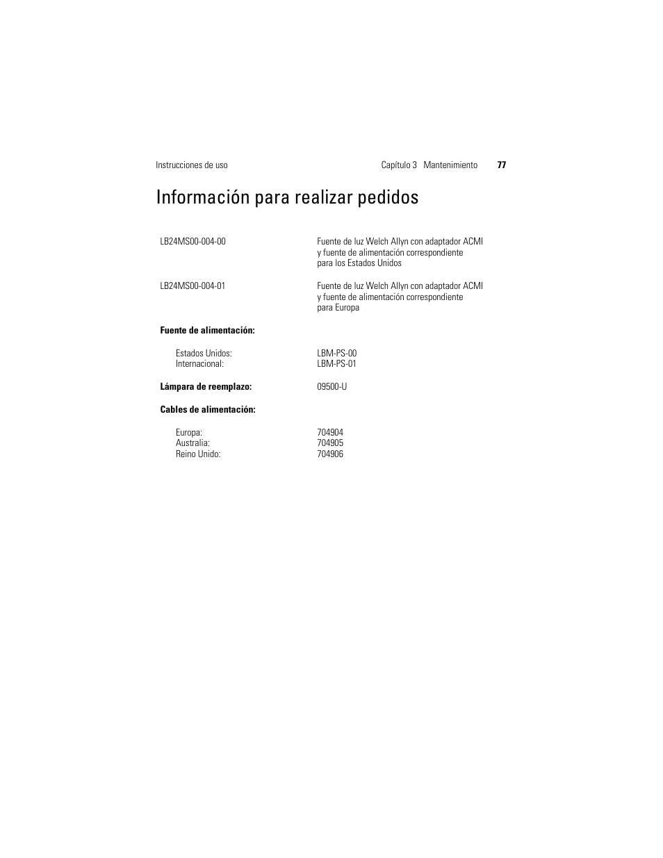 Información para realizar pedidos | Welch Allyn Solarc Light Source - User Manual User Manual | Page 79 / 240