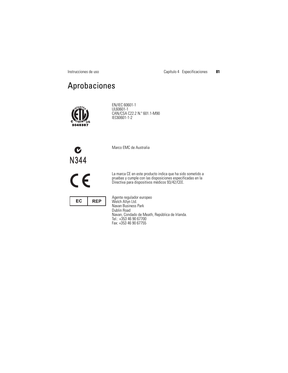 Aprobaciones | Welch Allyn Solarc Light Source - User Manual User Manual | Page 83 / 240