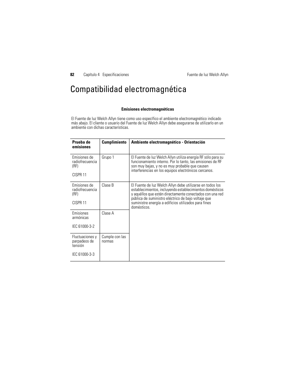 Compatibilidad electromagnética | Welch Allyn Solarc Light Source - User Manual User Manual | Page 84 / 240
