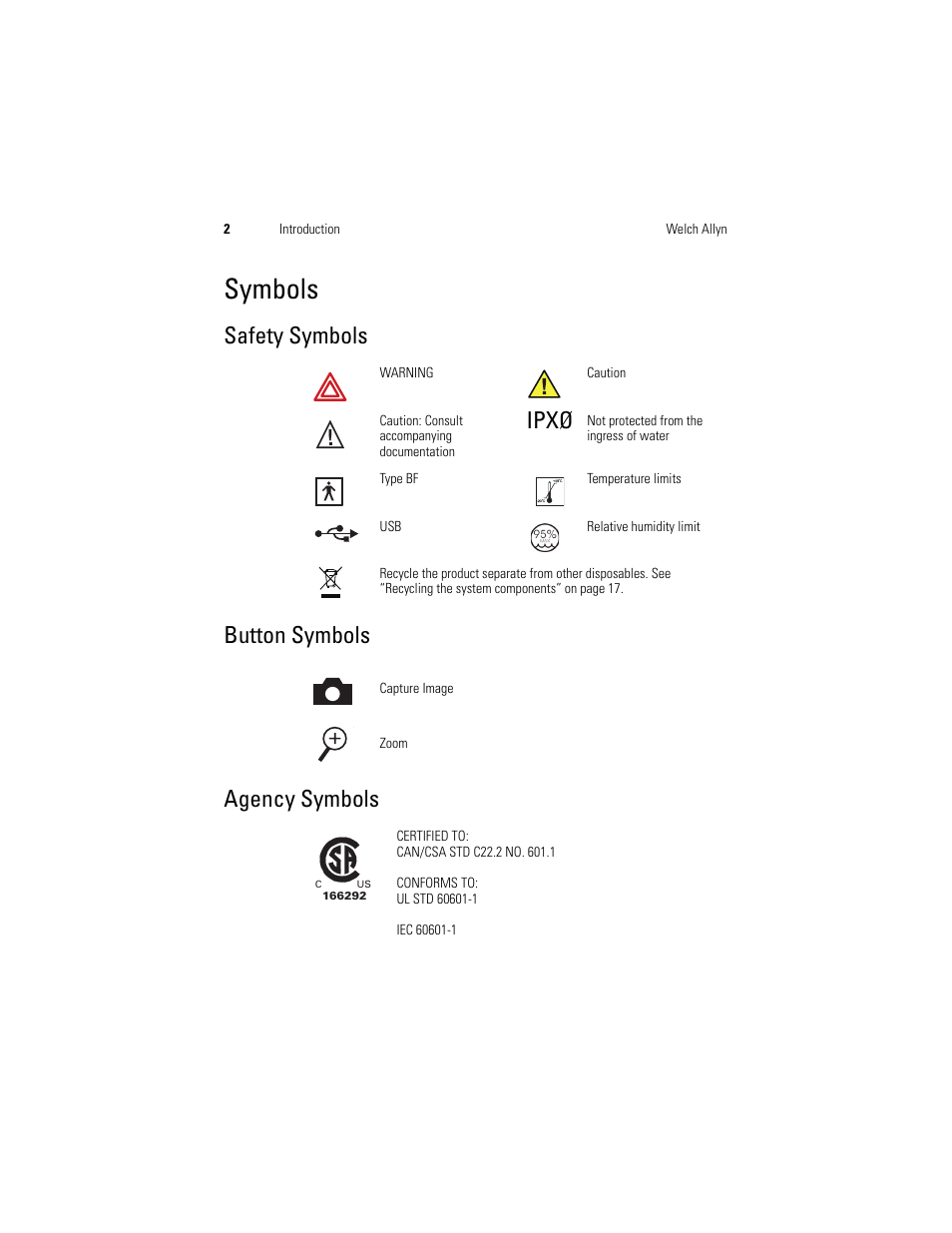 Symbols, Safety symbols, Ipxø | Button symbols, Agency symbols, Safety symbols button symbols agency symbols | Welch Allyn Digital MacroView Otoscope - User Manual User Manual | Page 10 / 476