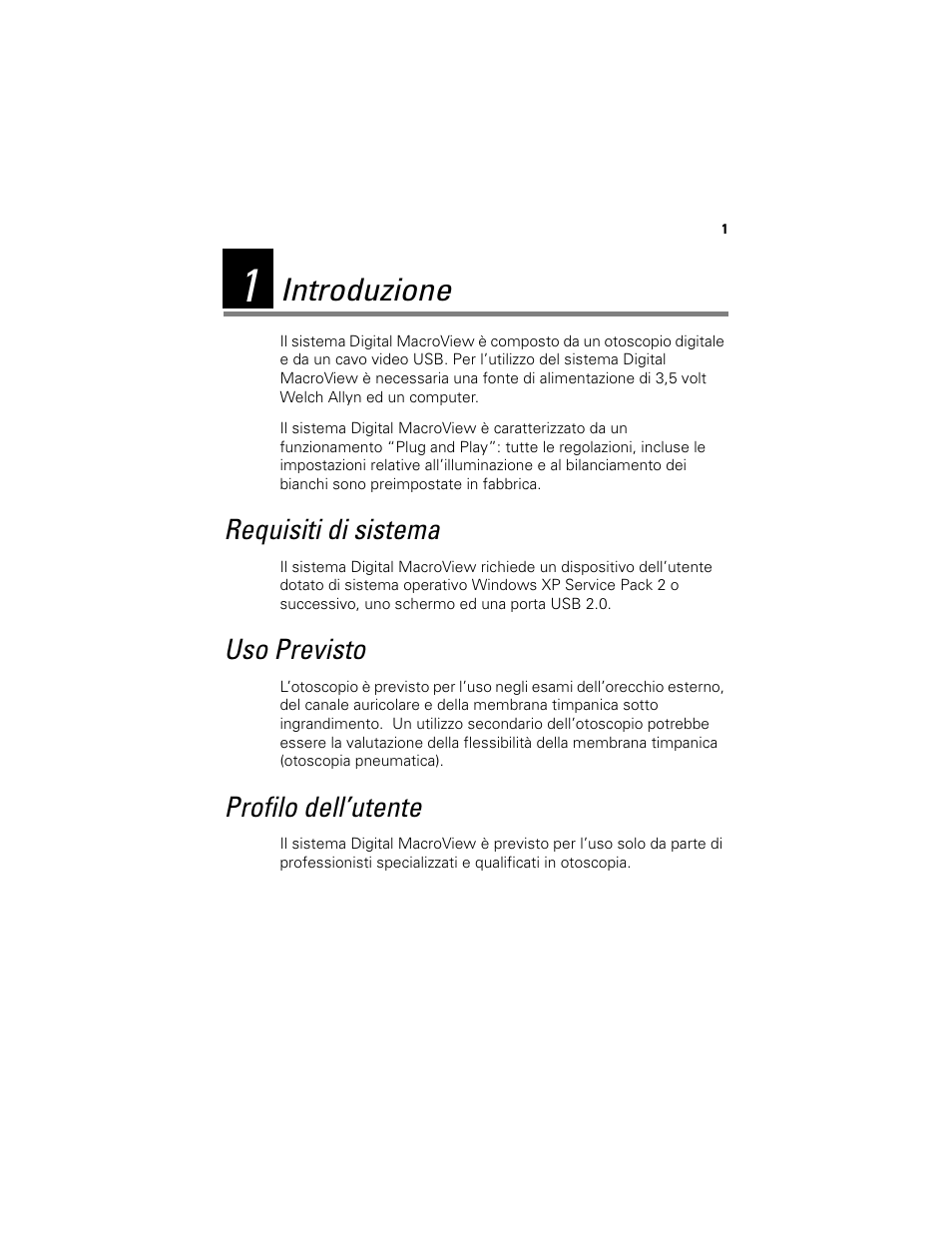Introduzione, Requisiti di sistema, Uso previsto | Profilo dell’utente | Welch Allyn Digital MacroView Otoscope - User Manual User Manual | Page 105 / 476
