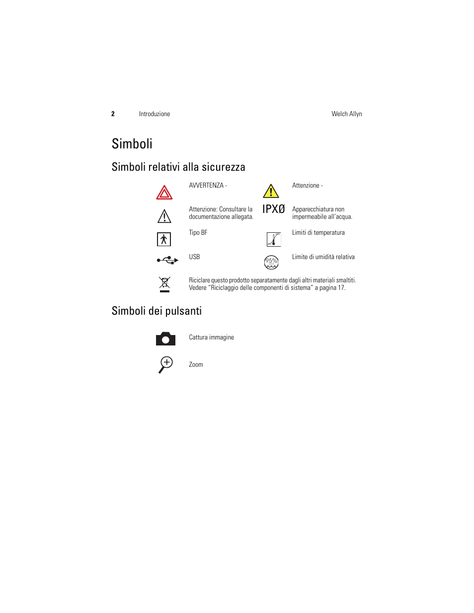 Simboli, Simboli relativi alla sicurezza, Ipxø | Simboli dei pulsanti | Welch Allyn Digital MacroView Otoscope - User Manual User Manual | Page 106 / 476