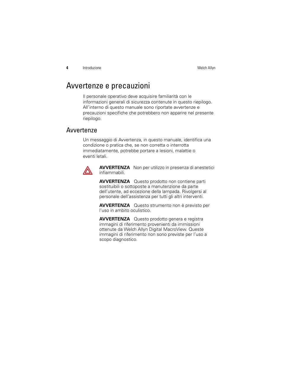 Avvertenze e precauzioni, Avvertenze | Welch Allyn Digital MacroView Otoscope - User Manual User Manual | Page 108 / 476