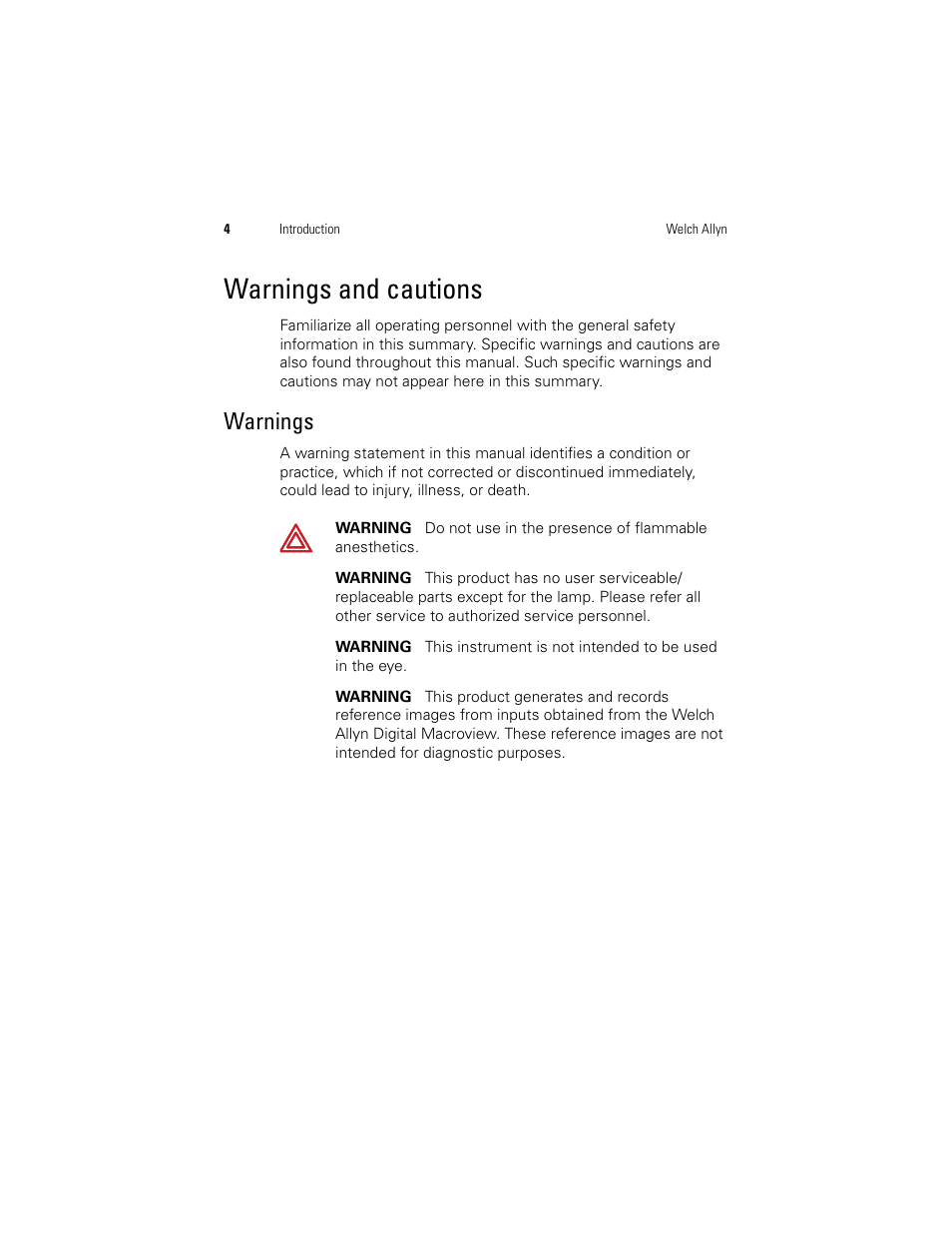 Warnings and cautions, Warnings | Welch Allyn Digital MacroView Otoscope - User Manual User Manual | Page 12 / 476
