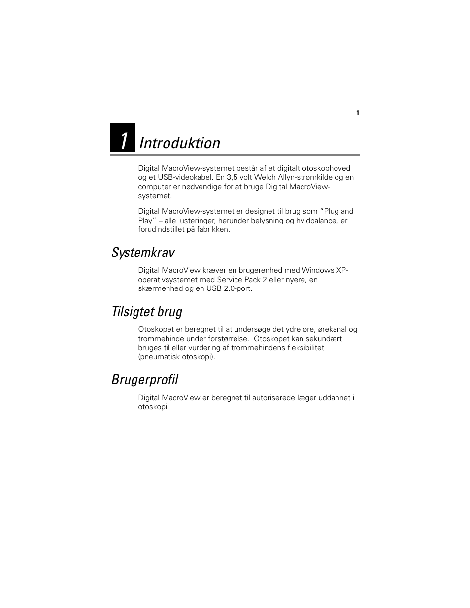 Introduktion, Systemkrav, Tilsigtet brug | Brugerprofil, Systemkrav tilsigtet brug brugerprofil | Welch Allyn Digital MacroView Otoscope - User Manual User Manual | Page 169 / 476