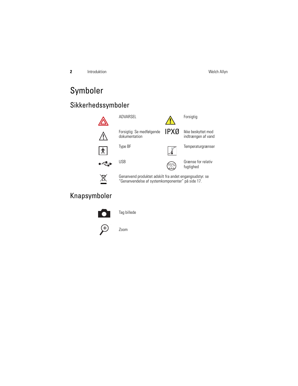 Symboler, Sikkerhedssymboler, Ipxø | Knapsymboler, Sikkerhedssymboler knapsymboler | Welch Allyn Digital MacroView Otoscope - User Manual User Manual | Page 170 / 476