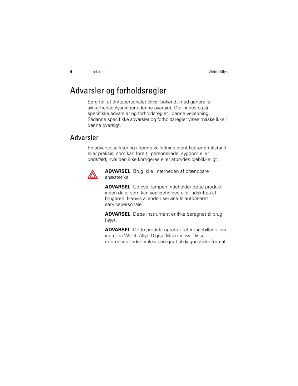 Advarsler og forholdsregler, Advarsler | Welch Allyn Digital MacroView Otoscope - User Manual User Manual | Page 172 / 476